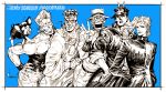  6+boys animal animal_on_shoulder beard chains copyright_name crosshatching dog double_v earrings facial_hair facial_mark gakuran grin hand_on_hip hands_in_pockets hands_together hat headband iggy_(jojo) jean_pierre_polnareff jewelry jojo_no_kimyou_na_bouken joseph_joestar kakyouin_noriaki kotteri kuujou_joutarou mohammed_avdol monochrome multiple_boys muscle open_mouth ponytail robe school_uniform serious signature sleeves_rolled_up smile v v_(bunny_ears) 