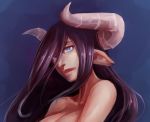  1girl blue_background blue_eyes breasts cleavage demon_girl demon_horns hair_over_one_eye horns lips long_hair looking_at_viewer making_of nose nude original pointy_ears purple_hair solo succubus upper_body whistle_frog 