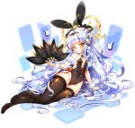  1girl absurdres arm_support bare_shoulders blue_hair covered_navel fan fishnet_legwear fishnets folding_fan groin hair_ornament high_heels highres leotard long_hair lying on_side original poseich shoes small_breasts solo thigh-highs thighs unleashed very_long_hair yellow_eyes 