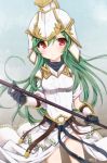  1girl arm_guards armor artist_name athena_(p&amp;d) black_gloves black_ribbon blurry blush frown gloves gradient gradient_background green_hair helmet highres holding_weapon long_hair looking_at_viewer polearm puzzle_&amp;_dragons red_eyes ribbon shoulder_pads side_slit simple_background skirt solo standing suzushirokei weapon white_skirt 