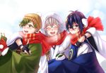  3boys ^_^ blush closed_eyes earmuffs facing_viewer furofuki_daikon gloves green_eyes green_hair hat hood japanese_clothes kimono looking_at_viewer male_focus mikazuki_munechika multiple_boys open_mouth scarf shared_scarf short_hair sleeves_past_wrists smile snow_bunny tea touken_ranbu tsurumaru_kuninaga uguisumaru white_hair yunomi 