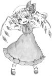  &gt;:d 1girl :d claw_pose dress flandre_scarlet full_body gotoh510 hat hat_ribbon highres mob_cap monochrome open_mouth puffy_short_sleeves puffy_sleeves ribbon short_hair short_sleeves side_ponytail smile touhou wing_collar wings 