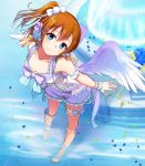  1girl arm_garter bangs barefoot blue_eyes blurry blush bokeh bow brown_hair closed_mouth collarbone depth_of_field feathered_wings feet_in_water flower fountain from_above full_body garters hair_between_eyes hair_bow hair_flower hair_ornament hair_ribbon head_tilt headphones headset highres kousaka_honoka lace lace-trimmed_shirt leaning_forward leg_ribbon legs_apart looking_at_viewer love_live!_school_idol_festival love_live!_school_idol_project microphone nanotsuki petals pom_pom_(clothes) ribbon see-through shirt short_hair side_ponytail sleeveless smile soaking_feet solo standing striped striped_bow wading water white_bow white_ribbon wings wrist_cuffs x_hair_ornament yellow_ribbon 