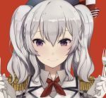  1girl blue_eyes blush breasts fork gloves hat kantai_collection kashima_(kantai_collection) knife large_breasts military military_uniform oniku_(oishii_oniku) silver_hair smile solo twintails uniform wavy_hair white_gloves 