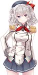  1girl a_flow blue_eyes breasts epaulettes gloves hat kantai_collection kashima_(kantai_collection) looking_at_viewer military military_uniform silver_hair skirt smile solo twintails uniform wavy_hair 