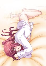  1girl bare_legs barefoot dress_shirt highres hori_hiroaki long_hair lying no_pants on_side open_clothes open_shirt original panties red_eyes redhead shirt smile solo underwear 