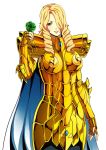  1girl armor blonde_hair blue_eyes drill_hair flower gauntlets gold_cloth hair_over_one_eye highres holding holding_flower long_hair looking_at_viewer saint_seiya simple_background solo spaulders white_background 