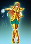  1girl armor armored_boots blonde_hair blue_eyes gauntlets gold_cloth highres long_hair looking_at_viewer saint_seiya smile solo spaulders 