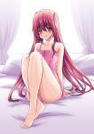  1girl bare_legs barefoot highres hori_hiroaki legs long_hair nightgown on_bed original panties pillow red_eyes redhead sitting smile solo twintails underwear very_long_hair 