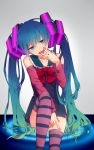  1girl blue_eyes dorui hatsune_miku highres long_hair looking_at_viewer open_mouth solo striped striped_legwear thigh-highs twintails vocaloid 