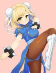  1girl ass blonde_hair boots bracelet breasts brown_eyes brown_legwear bun_cover china_dress chinese_clothes chun-li chun-li_(cosplay) cosplay cross-laced_footwear djeeta_(granblue_fantasy) double_bun fighting_stance granblue_fantasy jewelry knee_boots large_breasts leg_up long_hair looking_at_viewer pantyhose pelvic_curtain pink_background puffy_short_sleeves puffy_sleeves short_hair short_sleeves side_slit simple_background smile solo spiked_bracelet spikes street_fighter tear_tear0320 white_boots yellow_eyes 
