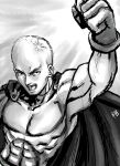  1boy abs bald cape clenched_hand highres muscle onepunch_man open_mouth pectorals ryu_shou saitama_(onepunch_man) sketch solo superhero uppercut 