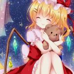  1girl blonde_hair blush closed_eyes crystal flandre_scarlet hair_ornament hairclip hat hat_ribbon jpeg_artifacts mob_cap mumu-crown puffy_sleeves ribbon shirt short_hair short_sleeves side_ponytail sitting skirt skirt_set smile solo sparkle stuffed_animal stuffed_toy teddy_bear touhou vest wings 