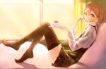  1girl artist_request black_legwear blonde_hair blush curtains eating food fork fruit hair_between_eyes hoshizora_rin looking_at_viewer love_live!_school_idol_project reclining skindentation solo strawberry thigh-highs yellow_eyes 