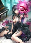  1girl aqua_eyes between_breasts black_dress black_hair breasts chain cleavage dress fantasy flower hair_flower hair_ornament heterochromia instrument large_breasts long_hair looking_at_viewer mitu no_bra on_floor original parted_lips petals piano pointy_ears revealing_clothes rose sheet_music sitting sleeveless sleeveless_dress solo very_long_hair violet_eyes 