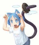  1girl animal_ears blue_eyes blue_hair blush cat_ears cat_tail denim doughnut food hair_cubes hair_ornament highres hyadain_no_joujou_yuujou naganohara_mio nichijou nishimura_(prism_engine) open_mouth paw_pose shirt short_hair short_twintails solo tail twintails upper_body 