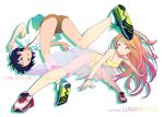  2girls blue_hair bracelet collarbone earrings gradient_hair green_eyes highres jewelry kansou_hada looking_at_viewer multicolored_hair multiple_girls parted_lips red_eyes see-through shirt short_hair shorts simple_background smile sports_bra spread_legs suspenders white_background 