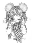  1girl animal_ears gotoh510 monochrome mouse_ears nazrin one_eye_closed plaid plaid_scarf scarf shirt short_hair touhou 