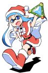  1girl anbe_masahiro belt bike_shorts blue_eyes blue_hair boots christmas domino_mask fangs hat inkling long_hair looking_at_viewer mask open_mouth pointy_ears ribbon running sack santa_boots santa_costume santa_hat shadow simple_background skirt smile solo splatoon tentacle_hair twitter white_background white_ribbon 