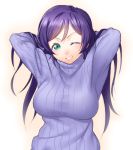  1girl arms_behind_head breasts gradient gradient_background green_eyes grin large_breasts long_hair long_sleeves looking_at_viewer love_live!_school_idol_project one_eye_closed onsoku_maru purple_hair ribbed_sweater smile solo sweater toujou_nozomi turtleneck turtleneck_sweater upper_body 