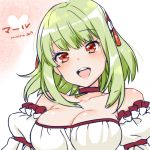  1girl :d artist_name bare_shoulders blush breasts character_name cleavage green_hair lowres marl_(sennen_sensou_aigis) miniru open_mouth red_eyes sennen_sensou_aigis short_hair smile upper_body white_background 