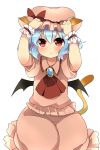 1girl adjusting_clothes adjusting_hat animal_ears arms_up ascot bat_wings blue_hair blush cat_ears cat_tail hat hat_ribbon highres kemonomimi_mode looking_up mob_cap ochazuke open_mouth puffy_sleeves red_eyes remilia_scarlet ribbon shirt short_hair short_sleeves simple_background sitting skirt skirt_set solo tail touhou white_background wings wrist_cuffs 