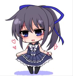  1girl :d black_hair blue_eyes chibi dorei_to_no_seikatsu_~teaching_feeling~ dress hair_ornament hair_ribbon hairclip heart long_hair open_mouth pantyhose ponytail ribbon scar shiohachi skirt_hold smile solo standing sylvie_(dorei_to_no_seikatsu) 