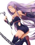  1girl boots breasts cleavage dagger dress elbow_gloves facial_mark fate/grand_order fate/stay_night fate_(series) forehead_mark gloves long_hair purple_hair rider sleeveless solo thigh-highs thigh_boots tsuyadashi_shuuji very_long_hair weapon yellow_eyes 