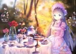  1girl bangs black_hair blue_eyes blunt_bangs blurry bonnet bottle bow cage cake cake_stand cup cupcake dress feitaru flower food glass himemiya_maho layered_dress long_hair long_sleeves pastry pink_dress pink_flower plate princess_connect! red_flower reflection rose saucer shadow slice_of_cake solo spoon sweets table tablecloth tea_party teacup teapot tears tiered_tray vase very_long_hair water wide_sleeves x_hair_ornament 