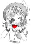  1girl ;) gotoh510 grin hat heart heart-shaped_pupils komeiji_koishi monochrome one_eye_closed shirt short_hair smile symbol-shaped_pupils third_eye touhou 