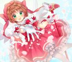  1girl blush brown_hair cardcaptor_sakura cherry_blossoms commentary_request dress frilled_skirt frills fuuin_no_tsue gloves green_eyes hair_ornament kinomoto_sakura knees_together_feet_apart magical_girl open_hand open_mouth petals pink_dress puffy_short_sleeves puffy_sleeves ribbon short_hair short_sleeves skirt solo tanuma_(tyny) thigh-highs wand white_gloves white_legwear wings 