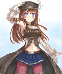  1girl blue_eyes blue_skirt braid brown_hair granblue_fantasy hat lecia_(granblue_fantasy) long_hair looking_at_viewer navel pantyhose purple_legwear skirt smile solo 