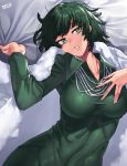  1girl bed_sheet breasts dress fubuki_(onepunch_man) green_dress green_eyes green_hair jewelry jjune large_breasts long_sleeves looking_at_viewer lying necklace on_back onepunch_man open_mouth sheet_grab solo 