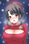  1girl black_hair blush breasts cleavage cleavage_cutout hat kantai_collection large_breasts looking_at_viewer nanairo_fuuka open-chest_sweater open_mouth red_eyes short_hair solo sweater takao_(kantai_collection) 
