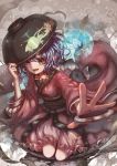  1girl blue_hair bowl colored_eyelashes frills hair_between_eyes hat highres japanese_clothes kimono kiyomasa_ren kneeling looking_at_viewer minigirl obi open_mouth outstretched_arm oversized_object pointy_ears red_eyes sash short_hair smile solo sukuna_shinmyoumaru touhou 