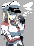  1girl blonde_hair blue_eyes capelet cigarette gloves graf_zeppelin_(kantai_collection) hat hayashi_ekyuu kantai_collection long_hair peaked_cap solo twintails 