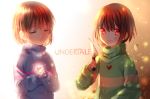  androgynous artist_name brown_hair chara_(undertale) closed_eyes copyright_name flower frisk_(undertale) glowing hands_on_own_chest heart highres knife petals red_eyes sasucchi95 smile striped striped_sweater sweater tagme undertale upper_body 