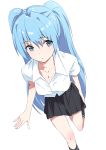  1girl absurdres adjusting_clothes adjusting_shoe aqua_eyes aqua_hair breasts cleavage domo1220 hatsune_miku highres long_hair looking_to_the_side pleated_skirt school_uniform skirt solo standing_on_one_leg twintails very_long_hair vocaloid white_background 