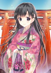  1girl arikawa_satoru bag black_eyes black_hair floral_print flower gate hair_flower hair_ornament handbag idolmaster idolmaster_cinderella_girls japanese_clothes kimono kobayakawa_sae long_hair multiple_torii shinto smile solo torii 