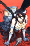  1girl absurdres ahoge albedo all_fours artist_request bare_shoulders black_hair black_wings blurry breasts cleavage demon_girl demon_horns depth_of_field gloves highres horns long_hair looking_at_viewer overlord_(maruyama) solo wings yellow_eyes 