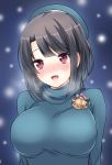  1girl black_hair blush breasts hat kantai_collection large_breasts looking_at_viewer nanairo_fuuka open_mouth red_eyes short_hair smile solo sweater takao_(kantai_collection) 