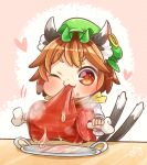  1girl :3 animal_ears boned_meat brown_eyes brown_hair cat_ears cat_tail chen commentary eating fang food hat heart ibarashiro_natou jewelry meat mob_cap multiple_tails nekomata one_eye_closed plate single_earring solo tail touhou two_tails 