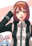  1girl :d bowtie brown_hair character_request dangan_ronpa hair_ornament hairband looking_at_viewer nanami_chiaki nanami_chiaki_(cosplay) open_mouth salute school_uniform short_hair smile super_dangan_ronpa_2 tagme terumin_(yuganda_sebone) yellow_eyes 