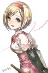  1girl :d alternate_eye_color arms_behind_back artist_name blonde_hair blue_eyes bow djeeta_(granblue_fantasy) dress fang fighter_(granblue_fantasy) gauntlets granblue_fantasy hairband heart heart_of_string nightmare-kck open_mouth pink_bow pink_dress short_hair simple_background smile solo white_background 