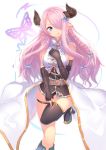  1girl :q belt black_gloves black_legwear blue_eyes boots braid breasts butterfly demon_horns elbow_gloves fingerless_gloves gloves granblue_fantasy hair_ornament hair_over_one_eye hand_on_own_chest highres horns kame^^ long_hair mismatched_gloves narumeia_(granblue_fantasy) pink_hair pointy_ears sideboob single_braid single_thighhigh smile solo standing_on_one_leg thigh-highs thigh_boots thigh_strap tongue tongue_out very_long_hair 