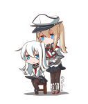  2girls adjusting_hair anchor_symbol black_skirt blonde_hair blue_eyes blush_stickers closed_mouth commentary_request flat_cap graf_zeppelin_(kantai_collection) hat hat_removed headwear_removed hibiki_(kantai_collection) kantai_collection long_hair long_sleeves mouth_hold multiple_girls neckerchief pantyhose peaked_cap pleated_skirt school_uniform serafuku silver_hair sitting skirt smile twintails twitter_username yaosera 