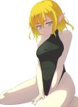  1girl absurdres alternate_costume bare_shoulders blonde_hair chromatic_aberration green_eyes highres leotard looking_at_viewer mizuhashi_parsee modo_paru pointy_ears short_hair simple_background sitting smile solo touhou turtleneck white_background 