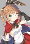  1girl ;) black_gloves blush brown_hair cape clarisse_(granblue_fantasy) gloves granblue_fantasy green_eyes grey_background looking_at_viewer one_eye_closed ponytail short_hair simple_background smile solo taiyaki_(astre) v 