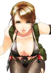  1girl breasts brown_hair cleavage collarbone cowboy_shot eyelashes front-tie_bikini front-tie_top green_eyes hanging_breasts highres large_breasts leaning_forward looking_at_viewer metal_gear_(series) metal_gear_solid_v pantyhose parted_lips ponytail quiet_(metal_gear) simple_background smile solo suspenders torimeiro torn_clothes torn_pantyhose white_background 