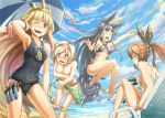  4girls animal_ears artist_request beach bikini black_bikini black_hair blonde_hair brown_hair cagliostro_(granblue_fantasy) casual_one-piece_swimsuit clarisse_(granblue_fantasy) closed_eyes covered_navel covering covering_breasts crown djeeta_(granblue_fantasy) embarrassed granblue_fantasy green_bikini green_eyes hair_ornament hairband jewelry long_hair looking_at_viewer multiple_girls necklace ocean one-piece_swimsuit open_mouth orange_eyes outdoors short_hair sky smile swimsuit tail topless violet_eyes white_swimsuit yuel_(granblue_fantasy) 